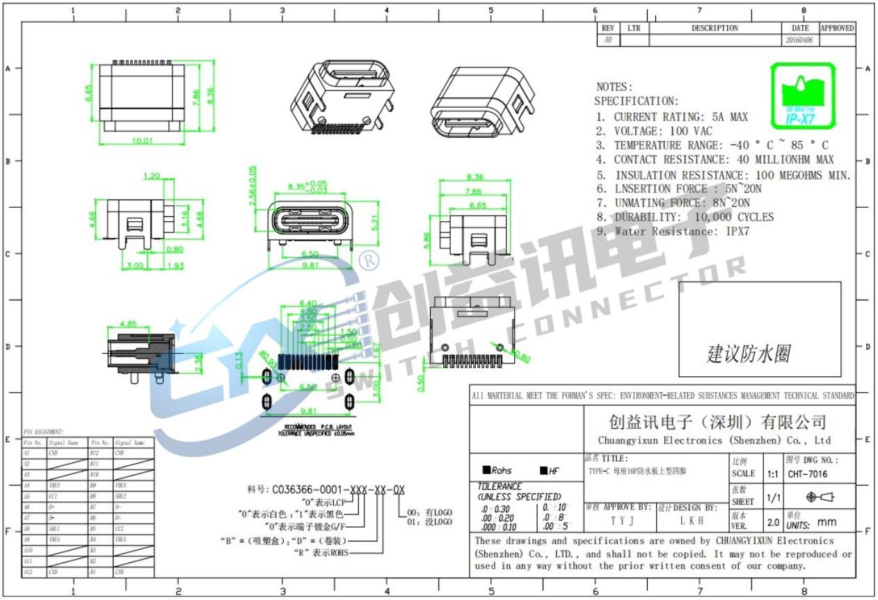 TYPE-C 16PIN 板上两脚全贴母座 CHT-7016(图1) TYPE-C 16PIN 板上两脚全贴母座 CHT-7016(图1)