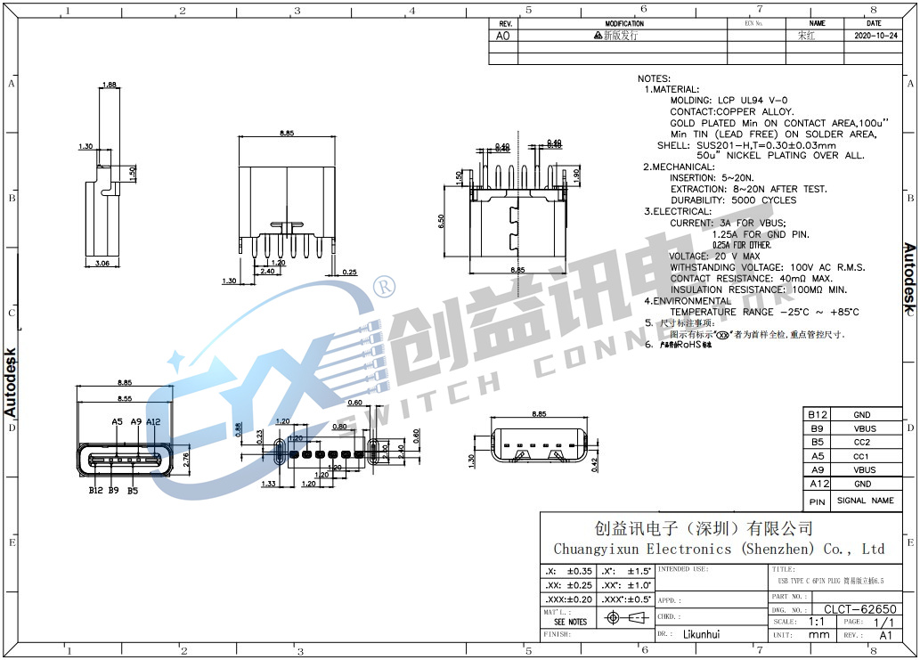 TYPE C 6PIN PLUG 简易版立贴直插6.5   CLCT-62650(图1)