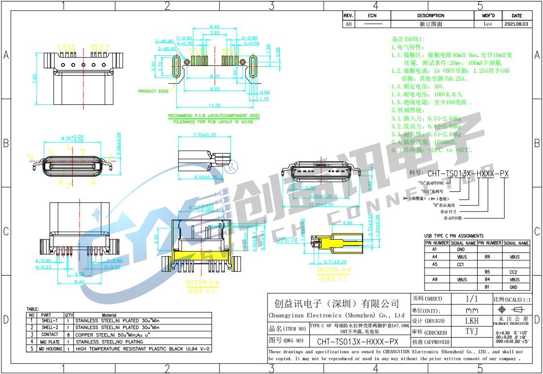 TYPE C 8P 母座防水拉伸壳带两脚护套CHT-TS013X-HXXX-PX(图1)