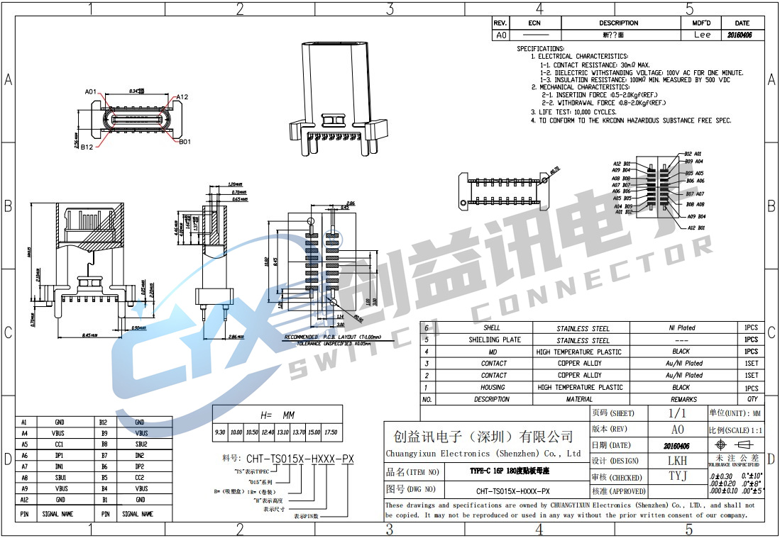 TYPE-C 16P 180度贴板母座 CHT-TS015X-HXXX-PX(图1)