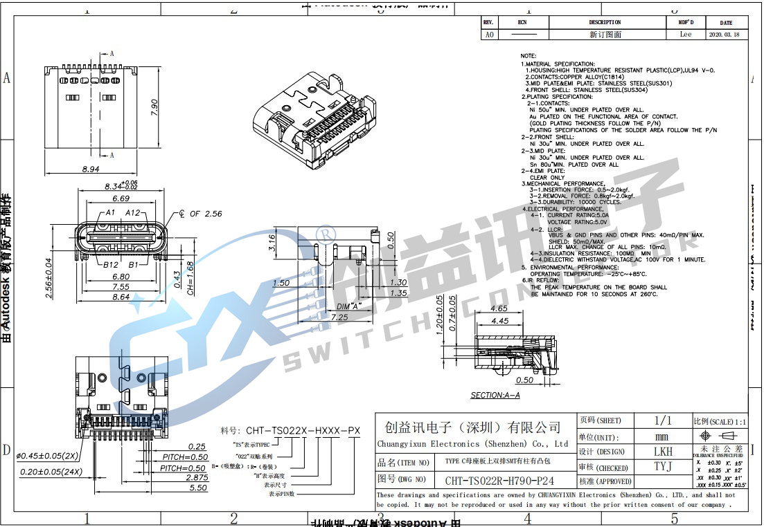 TYPE C 24P 板上双排SMT有柱六点 CHT-TS022R-H790-P24(图1)